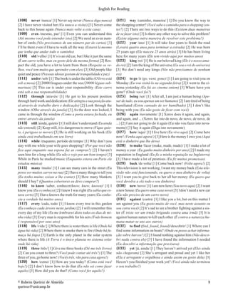 English For Reading


{108} never /nunca/ [1] Never say never (Nunca diga nunca)              {121} way /caminho, maneira/ [1] Do you know the way to
[2] I have never visited her (Eu nunca a visitei) [3] Never come        the shopping center? (Você sabe o caminho para o shopping cen-
back to this house again (Nunca mais volte a esta casa)                 ter?) [2] There are two ways to do this (Existem duas maneiras
{109} even /mesmo, par/ [1] Even you can understand this                de se fazer isto) [3] Is there any other way to solve this problem?
(Até mesmo você pode entender isto) [2] We need an even num-            (Existe alguma outra maneira de resolver este problema?)
ber of cards (Nós precisamos de um número par de cartas) [3]            {122} year /ano/ [1] It will take four years to finish the road
I’ll be there even if I have to walk all the way (Estarei lá mesmo      (Levará quatro anos para terminar a estrada) [2] He was born
que tenha que andar todo o caminho)                                     25 years ago (Ele nasceu 25 anos atrás) [3] He has been living
{110} old /velho/ [1] It’s is an old car, but I like it just the same   here for many years (Ele tem vivido aqui por muitos anos)
(É um carro velho, mas eu gosto dele da mesma forma) [2] Res-           {123} king /rei/ [1] He is our beloved king (Ele é o nosso ama-
pect the old, you have a lot to learn from them (Respeite os ve-        do rei) [2] I am the king of the universe (Eu sou o rei do universo)
lhos, você tem muito que aprender com eles) [3] Old people like         [3] We don’t need any kings (Nós não precisamos de nenhum
quiet and peace (Pessoas idosas gostam de tranquilidade e paz)          rei)
{111} under /sob/ [1] The book is under the table (O livro está         {124} to go /ir (go, went, gone)/ [1] I am going to visit you on
sob a mesa) [2] 20000 leagues under the sea (20000 léguas sub-          Monday (Eu vou visitá-lo na segunda-feira) [2] I went to the ci-
marinas) [3] This car is under your responsibility (Este carro          nema yesterday (Eu fui ao cinema ontem) [3] Where have you
está sob a sua responsabilidade)                                        gone? (Onde você foi?)
{112} through /através/ [1] He got to his present position              {125} being /ser/ [1] After all, I am just a human being (Ape-
through hard work and dedication (Ele atingiu a sua posição atu-        sar de tudo, eu sou apenas um ser humano) [2] I am tired of being
al através de trabalho duro e dedicação) [2] Look through the           humiliated (Estou cansado de ser humilhado) [3] I don’t like
window (Olhe através da janela) [3] As the door was locked, I           being with you (Eu não gosto de ficar com você)
came in through the window (Como a porta estava fechada, eu             {126} again /novamente/ [1] Xerox does it again, and again,
entrei através da janela)                                               and again, and ... (Xerox faz isto de novo, de novo, de novo, de
{113} still /ainda, quieto/ [1] I still don’t understand (Eu ainda      ...) [2] I am not going to do it again (Eu não vou fazer isto nova-
não entendi) [2] Keep still, it is dangerous to move (Fique quie-       mente) [3] Say it again (Diga isto novamente)
to, é perigoso se mover) [3] He is still working on his book (Ele       {127} here /aqui/ [1] I live here (Eu vivo aqui) [2] Come here
ainda está trabalhando em seu livro)                                    now! (Venha aqui agora!) [3] Here is the money I owe you (Aqui
{114} while /enquanto, período de tempo/ [1] Why don’t you              está o dinheiro que lhe devo)
stay with me while your wife goes shopping? (Por que você não           {128} to make /fazer (make, made, made)/ [1] I make a lot of
fica aqui enquanto sua esposa faz as compras?) [2] I haven’t            money a year (Eu ganho muito dinheiro por ano) [2] I made my
seen him for a long while (Eu não o vejo por um bom tempo) [3]          reputation in England (Eu fiz a minha reputação na Inglaterra)
While in Paris he studied music (Enquanto estava em Paris ele           [3] I have made a lot of promises (Eu fiz muitas promessas)
estudou música)                                                         {129} back /de volta/ [1] Come back now! (Volte agora!) [2]
{115} many /muito/ [1] I can see many cars in the street (Eu            This television is not working, I want my money back (Esta tele-
posso ver muitos carros na rua) [2] I have many things to tell you      visão não está funcionando, eu quero o meu dinheiro de volta)
(Eu tenho muitas coisas a lhe contar) [3] How many blankets             [3] I want you to give back to her all her money (Eu quero que
should I buy? (Quantos cobertores eu devo comprar?)                     você devolva a ela todo o seu dinheiro)
{116} to know /saber, conhecer(know, knew, known)/ [1] I                {130} new /novo/ [1] I am new here (Sou novo aqui) [2] I want
know you (Eu o conheço) [2] I knew I was right (Eu sabia que es-        a new house (Eu quero uma casa nova) [3] I don’t need a new car
tava certo) [3] I have known the truth for many years (Eu conhe-        (Eu não preciso de um carro novo)
cia a verdade há muitos anos)                                           {131} against /contra/ [1] I like you a lot, but on this matter I
{117} every /cada, todo/ [1] I know every tree in this garden           am against you (Eu gosto muito de você, mas neste assunto eu
(Eu conheço cada árvore neste jardim) [2] I will remember this          sou cotra você) [2] It’s sad to see a brother fighting against a sis-
every day of my life (Eu me lembrarei disto todos os dias de mi-        ter (É triste ver um irmão brigando contra uma irmã) [3] It is
nha vida) [3] Every man is responsible for his acts (Todo homem         against human nature to kill each other (É contra a natureza hu-
é responsável por seus atos)                                            mana matar-se uns aos outros)
{118} life /vida/ [1] Where there is water there is life (Onde há       {132} to find (find, found, found)/descobrir/ [1] Where can I
água há vida) [2] Where there is smoke there is fire (Onde há fu-       find some information on boats? (Onde eu posso achar informa-
maça há fogo) [3] Earth is the only planet in the solar system          ção sobre barcos?) [2] I found nothing against him (Não desco-
where there is life (A Terra é o único planeta no sistema solar         bri nada contra ele) [3] I have found the information I needed
onde há vida)                                                           (Eu descobri a informação que precisava)
{119} three /três/ [1] Give me three books (Dê-me três livros)          {133} yet /já, ainda/ [1] They haven’t arrived yet (Eles ainda
[2] Can you count to three? (Você pode contar até três?) [3] The        não chegaram) [2] She’s arrogant and proud and yet I like her
three of you, go home now! (Vocês três, vão para casa agora!)           (Ela é arrogante e orgulhosa e ainda assim eu gosto dela) [3]
{120} how /como/ [1] How are you today? (Como está você                 Haven’t you finished your work yet? (Você ainda não terminou
hoje?) [2] I don’t know how to do that (Eu não sei como fazer           o seu trabalho?)
aquilo) [3] How did you do that? (Como você fez aquilo?)


© Rubens Queiroz de Almeida                                                                                                                9
queiroz@unicamp.br
 