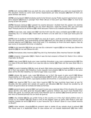 {173} both /ambos/ [1] I love you both (Eu amo vocês dois) [2] Both you and I are responsible for
this situation (Tanto eu como você somos responsáveis por esta situação) [3] Both of them are
good (Ambos são bons)
{174} young /jovem/ [1] Everybody wants to be forever young (Todos querem permanecer jovens
para sempre) [2] Bruce is younger than Peter (Bruce é mais jovm que Peter) [3] It is nice to be
young (É bom ser jovem)
{175} because /porque/ [1] I passed my exams because I studied hard (Eu passei nos exames
porque estudei bastante) [2] Why are you here? Because I need the money (Por que você está
aqui? Porque preciso do dinheiro) [3] I work because I have to (Eu trabalho porque preciso)
{176} to see (see, saw, seen) /ver/ [1] I see the truth now (Eu vejo a verdade agora) [2] I saw you
yesterday (Eu o vi ontem) [3] I have seen all there is to be seen (Eu vi tudo que havia para ser
visto)
{177} ever /a qualquer momento/ [1] If you ever do it again, youll be severely punished (Se você
fizer isto novamente, será severamente punido) [2] Have you ever been to London? (Você já foi a
Londres alguma vez?) [3] Now, more than ever, it is necessary to finish the work (Agora, mais do
que nunca, é necessário terminar o trabalho)
{178} to let /permitir/ [1] Ill let you go now (Eu o deixarei ir agora) [2] Let me help you (Deixe-me
ajudá-lo) [3] Let me see (Deixe-me ver)
{179} themselves /eles mesmos/ [1] They did it by themselves (Eles mesmos fizeram isto) [2]
{180} emperor /imperador/ [1] D. Pedro II was the last emperor of Brazil (D. Pedro II foi o último
imperador do Brazil)
{181} case /caso/ [1] Ill study your case carefully (Estudarei o seu caso cuidadosamente) [2] This
is a case of life and death (Este é um caso de vida ou morte) [3] Thats not the case (Este não é o
caso)
{182} to work /trabalhar/ [1] We must all work (Nós todos precisamos trabalhar) [2] He worked a
lot in that new project (Ele trabalhou muito naquele novo projeto) [3] He has worked in the same
place all his life (Ele trabalhou no mesmo lugar toda a sua vida)
{183} whose /de quem, cujo, cuja/ [1] Whose car is this? (De quem é este carro?) [2] Whose
responsibility is it? (De quem é a responsabilidade) [3] Mr Smith, whose wife you have just met, is
a very rich person (O Sr Smith, cuja esposa acabou de encontrar, é uma pessoa muito rica)
{184} war /guerra/ [1] This is war (Isto é guerra) [2] The two countries have been at war for
decades (Os dois países tem estado em guerra por décadas) [3] War should be avoided by all
means (A guerra deve ser evitada de todas as formas)
{185} general /geral, general/ [1] I just want to give you a general idea of the situation (Eu quero
apeas dar-lhe uma idéia geral da situação) [2] In general, children are much more flexible than
adults (Em geral, as crianças são muito mais flexíveis que os adultos) [3] General Johnson was a
war hero (O General Johnson foi um herói de guerra)
{186} city /cidade/ [1] Do you prefer living in the country or in the city? (Você prefere viver no
campo ou na cidade?) [2] São Paulo is one of the biggest cities on earth (São Paulo é uma das
maiores cidades da terra) [3] Which is your favourite city in Brazil? (Qual é a sua cidade favorita
no Brasil?)
{187} state /estado, situação/[1] His present state is stable (O seu estado atual é estável) [2]
The house was in a deplorable state (A casa estava em um estado deplorável) [3] How many
 