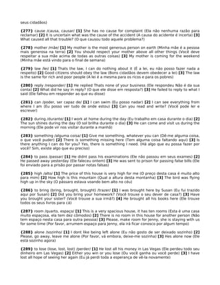 seus cidadãos)
{277} cause /causa, causar/ [1] She has no cause for complaint (Ela não nenhuma razão para
reclamar) [2] It is uncertain what was the cause of the accident (A causa do acidente é incerta) [3]
What caused all that trouble? (O que causou todo aquele problema?)
{278} mother /mãe/ [1] My mother is the most generous person on earth (Minha mãe é a pessoa
mais generosa na terra) [2] You should respect your mother above all other things (Você deve
respeitar a sua mãe acima de todas as outras coisas) [3] My mother is coming for the weekend
(Minha mãe está vindo para o final de semana)
{279} law /lei/ [1] Thats the law, I can do nothing about it (É a lei, eu não posso fazer nada a
respeito) [2] Good citizens should obey the law (Bons cidadãos devem obedecer a lei) [3] The law
is the same for rich and poor people (A lei é a mesma para os ricos e para os pobres)
{280} reply /responder/ [1] He replied Thats none of your business (Ele respondeu Não é da sua
conta) [2] What did he say in reply? (O que ele disse em resposta?) [3] He failed to reply to what I
said (Ele falhou em responder ao que eu disse)
{281} can /poder, ser capaz de/ [1] I can swim (Eu posso nadar) [2] I can see everything from
where I am (Eu posso ver tudo de onde estou) [3] Can you read and write? (Você pode ler e
escrever)
{282} during /durante/ [1] I work at home during the day (Eu trabalho em casa durante o dia) [2]
The sun shines during the day (O sol brilha durante o dia) [3] He can come and visit us during the
morning (Ele pode vir nos visitar durante a manhã)
{283} something /alguma coisa/ [1] Give me something, whatever you can (Dê-me alguma coisa,
o que você puder) [2] There is something missing here (Tem alguma coisa faltando aqui) [3] Is
there anything I can do for you? Yes, there is something I need. (Há algo que eu possa fazer por
você? Sim, existe algo que eu preciso)
{284} to pass /passar/ [1] He didnt pass his examinations (Ele não passou em seus exames) [2]
He passed away yesterday (Ele faleceu ontem) [3] He was sent to prison for passing false bills (Ele
foi enviado para a prisão por passar notas falsas)
{285} high /alto/ [1] The price of this house is very high for me (O preço desta casa é muito alto
para mim) [2] How high is this mountain (Qual a altura desta montanha) [3] The bird was flying
high up in the sky (O pássaro estava voando bem alto no céu)
{286} to bring (bring, brought, brought) /trazer/ [1] I was brought here by Susan (Eu fui trazido
aqui por Susan) [2] Did you bring your homework? (Você trouxe o seu dever de casa?) [3] Have
you brought your sister? (Você trouxe a sua irmã?) [4] He brought all his books here (Ele trouxe
todos os seus livros para cá)
{287} room /quarto, espaço/ [1] This is a very spacious house, it has ten rooms (Esta é uma casa
muito espaçosa, ela tem dez cômodos) [2] There is no room in this house for another person (Não
tem espaço nesta casa para outra pessoa) [3] Please, make room for Jenny, she is staying with us
for some time (Por favor, arrumem espaço para Jenny, ela irá ficar conosco por algum tempo)
{288} alone /sozinho/ [1] I dont like being left alone (Eu não gosto de ser deixado sozinho) [2]
Please, go away, leave me alone (Por favor, vá embora, deixe-me sozinha) [3] Hes alone now (Ele
está sozinho agora)
{289} to lose (lose, lost, lost) /perder/ [1] He lost all his money in Las Vegas (Ele perdeu todo seu
dinheiro em Las Vegas) [2] Either you win or you lose (Ou você ganha ou você perde) [3] I have
lost all hope of seeing her again (Eu já perdi toda a esperança de vê-la novamente)
 