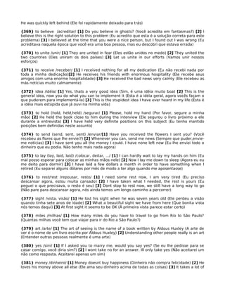 He was quickly left behind (Ele foi rapidamente deixado para trás)
{369} to believe /acreditar/ [1] Do you believe in ghosts? (Você acredita em fantasmas?) [2] I
believe this is the right solution to this problem (Eu acredito que esta é a solução correta para este
problema) [3] I believed at the time that you were a nice person, but I found out I was wrong (Eu
acreditava naquela época que você era uma boa pessoa, mas eu descobri que estava errada)
{370} to unite /unir/ [1] They are united in fear (Eles estão unidos no medo) [2] They united the
two countries (Eles uniram os dois países) [3] Let us unite in our efforts (Vamos unir nossos
esforços)
{371} to receive /receber/ [1] I received nothing for all my dedication (Eu não recebi nada por
toda a minha dedicação)[2] He receives his friends with enormous hospitality (Ele recebe seus
amigos com uma enorme hospitalidade) [3] He received the bad news very calmly (Ele recebeu as
más notícias muito calmamente)
{372} idea /idéia/ [1] Yes, thats a very good idea (Sim, é uma idéia muito boa) [2] This is the
general idea, now you do what you can to implement it (Esta é a idéia geral, agora vocês façam o
que puderem para implementá-la) [3] This is the stupidest idea I have ever heard in my life (Esta é
a idéia mais estúpida que já ouvi na minha vida)
{373} to hold (hold, held,held) /segurar/ [1] Please, hold my hand (Por favor, segure a minha
mão) [2] He held the book close to him during the interview (Ele segurou o livro próximo a ele
durante a entrevista) [3] I have held very definite positions on this subject (Eu tenho mantido
posições bem definidas neste assunto)
{374} to send (send, sent, sent) /enviar/[1] Have you received the flowers I sent you? (Você
recebeu as flores que lhe enviei?) [2] Whenever you can, send me news (Sempre que puder,envie-
me notícias) [3] I have sent you all the money I could. I have none left now (Eu lhe enviei todo o
dinheiro que eu podia. Não tenho mais nada agora)
{375} to lay (lay, laid, laid) /colocar, deitar, .../ [1] I can hardly wait to lay my hands on him (Eu
mal posso esperar para colocar as minhas mãos nele) [2] Now I lay me down to sleep (Agora eu eu
me deito para dormir) [3] I have laid a few dollars a month in order to have something when I
retired (Eu separei alguns dólares por mês de modo a ter algo quando me aposentasse)
{376} to rest/rest /repousar, resto/ [1] I need some rest now, I am very tired (Eu preciso
descansar agora, estou muito cansado) [2] I have taken what I needed, the rest is yours (Eu
peguei o que precisava, o resto é seu) [3] Dont stop to rest now, we still have a long way to go
(Não pare para descansar agora, nós ainda temos um longo caminho a percorrer)
{377} sight /vista, visão/ [1] He lost his sight when he was seven years old (Ele perdeu a visão
quando tinha sete anos de idade) [2] What a beautiful sight we have from here (Que bonita vista
nós temos daqui) [3] At first sight it seems to be OK (À primeira vista parece estar certo)
{378} miles /milhas/ [1] How many miles do you have to travel to go from Rio to São Paulo?
(Quantas milhas você tem que viajar para ir do Rio a São Paulo?)
{379} art /arte/ [1] The art of seeing is the name of a book written by Aldous Huxley (A arte de
ver é o nome de um livro escrito por Aldous Huxley) [2] Understanding other people really is an art
(Entender outras pessoas realmente é uma arte)
{380} yes /sim/ [1] If I asked you to marry me, would you say yes? (Se eu lhe pedisse para se
casar comigo, você diria sim?) [2] I wont take no for an answer. Ill only take yes (Não aceitarei um
não como resposta. Aceitarei apenas um sim)
{381} money /dinheiro/ [1] Money doesnt buy happiness (Dinheiro não compra felicidade) [2] He
loves his money above all else (Ele ama seu dinheiro acima de todas as coisas) [3] It takes a lot of
 