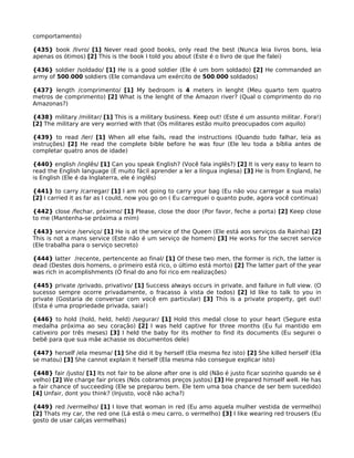 comportamento)
{435} book /livro/ [1] Never read good books, only read the best (Nunca leia livros bons, leia
apenas os ótimos) [2] This is the book I told you about (Este é o livro de que lhe falei)
{436} soldier /soldado/ [1] He is a good soldier (Ele é um bom soldado) [2] He commanded an
army of 500.000 soldiers (Ele comandava um exército de 500.000 soldados)
{437} length /comprimento/ [1] My bedroom is 4 meters in lenght (Meu quarto tem quatro
metros de comprimento) [2] What is the lenght of the Amazon river? (Qual o comprimento do rio
Amazonas?)
{438} military /militar/ [1] This is a military business. Keep out! (Este é um assunto militar. Fora!)
[2] The military are very worried with that (Os militares estão muito preocupados com aquilo)
{439} to read /ler/ [1] When all else fails, read the instructions (Quando tudo falhar, leia as
instruções) [2] He read the complete bible before he was four (Ele leu toda a bíblia antes de
completar quatro anos de idade)
{440} english /inglês/ [1] Can you speak English? (Você fala inglês?) [2] It is very easy to learn to
read the English language (É muito fácil aprender a ler a língua inglesa) [3] He is from England, he
is English (Ele é da Inglaterra, ele é inglês)
{441} to carry /carregar/ [1] I am not going to carry your bag (Eu não vou carregar a sua mala)
[2] I carried it as far as I could, now you go on ( Eu carreguei o quanto pude, agora você continua)
{442} close /fechar, próximo/ [1] Please, close the door (Por favor, feche a porta) [2] Keep close
to me (Mantenha-se próxima a mim)
{443} service /serviço/ [1] He is at the service of the Queen (Ele está aos serviços da Rainha) [2]
This is not a mans service (Este não é um serviço de homem) [3] He works for the secret service
(Ele trabalha para o serviço secreto)
{444} latter /recente, pertencente ao final/ [1] Of these two men, the former is rich, the latter is
dead (Destes dois homens, o primeiro está rico, o último está morto) [2] The latter part of the year
was rich in acomplishments (O final do ano foi rico em realizações)
{445} private /privado, privativo/ [1] Success always occurs in private, and failure in full view. (O
sucesso sempre ocorre privadamente, o fracasso à vista de todos) [2] Id like to talk to you in
private (Gostaria de conversar com você em particular) [3] This is a private property, get out!
(Esta é uma propriedade privada, saia!)
{446} to hold (hold, held, held) /segurar/ [1] Hold this medal close to your heart (Segure esta
medalha próxima ao seu coração) [2] I was held captive for three months (Eu fui mantido em
cativeiro por três meses) [3] I held the baby for its mother to find its documents (Eu segurei o
bebê para que sua mãe achasse os documentos dele)
{447} herself /ela mesma/ [1] She did it by herself (Ela mesma fez isto) [2] She killed herself (Ela
se matou) [3] She cannot explain it herself (Ela mesma não consegue explicar isto)
{448} fair /justo/ [1] Its not fair to be alone after one is old (Não é justo ficar sozinho quando se é
velho) [2] We charge fair prices (Nós cobramos preços justos) [3] He prepared himself well. He has
a fair chance of succeeding (Ele se preparou bem. Ele tem uma boa chance de ser bem sucedido)
[4] Unfair, dont you think? (Injusto, você não acha?)
{449} red /vermelho/ [1] I love that woman in red (Eu amo aquela mulher vestida de vermelho)
[2] Thats my car, the red one (Lá está o meu carro, o vermelho) [3] I like wearing red trousers (Eu
gosto de usar calças vermelhas)
 