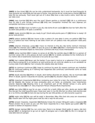 {463} to live /viver/ [1] Life can be only understood backwards, but it must be lived forwards (A
vida somente ser entendida de trás para a frente, mas precisa de ser vivida para a frente) [2] Dont
take life too seriously. Youll never get out of it alive (Não leve a vida muito a sério. Você não vai
sair dela vivo)
{464} race /corrida/ [1] Who won the race? (Quem ganhou a corrida?) [2] Life is a continuous
race (A vida é uma corrida contínua) [3] Only one competitor finished the race (Apenas um
competidor terminou a corrida)
{465} faith /fé/ [1] I have no faith in you (Eu não tenho fé em você) [2] She lost her faith after the
accident (Ela perdeu a fé após o acidente)
{466} ready /pronto/ [1] Are you ready to go? (Você está pronta para ir?) [2] Dinner is ready! (O
jantar está pronto!)
{467} palace /palácio/ [1] Her house is like a palace (A casa dela é como um palácio) [2] They
live in a palace but have nothing to eat (Eles vivem em um palácio mas não possuem nada para
comer)
{468} interest /interesse, juros/ [1] I have no interest in this (Eu não tenho nenhum interesse
nisto) [2] The interest rate is 10% (A taxa de juros é de 10%) [3] After I mentioned the money he
became very interested (Após eu mencionar o dinheiro ele ficou muito interessado)
{469} sense /sentido/ [1] It makes no sense at all (Não faz sentido algum) [2] He is a person of
common sense (Ele é uma pessoa de bom senso) [3] He is totally senseless to the misfortune of
his mother (Ele é totalmente insensível à má sorte de sua mãe)
{470} hair /cabelo/ [1] Never ask the barber if you need a haircut or a salesman if his is a good
price (Nunca pergunte a um barbeiro se você precisa de um corte de cabelo ou a um vendedor se
o preço dele é bom) [2] Her hair is lovely (Os cabelos dela são lindos)
{471} to continue /continuar/ [1] I hope to continue his work (Eu espero continuar seu trabalho)
[2] He continued walking as if nothing had happened (Ele continuou caminhando como se nada
tivesse acontecido)
{472} doubt /dúvida/ [1] When in doubt, dont bother (Quando em dúvida, não se incomode) [2]
When in doubt, ignore it (Quando em dúvida, ignore) [3] Any doubts? (Alguma dúvida?)
{473} important /importante/ [1] When reviewing your notes for a test, the most important ones
will be illegible (Ao revisar as suas anotações para um teste, as anotações mais importantes
estarão ilegíveis) [2] Wasting time is an important part of life (Perder tempo é uma parte
importante da vida) [3] V.I.P. Very Important Person (Pessoa Muito Importante)
{474} eye /olho/ [1] An eye for an eye, a tooth for a tooth (Olho por olho, dente por dente) [2]
She has got the most beautiful eyes I have ever seen in my life (Ela tem os olhos mais bonitos que
já vi na minha vida) [3] He lost one eye during the war (Ele perdeu um olho durante a guerra)
{475} eight /oito/ [1] My son will be eight in November (Meu filho fará oito anos em novembro)
[2] I havent seen him for eight years now (Eu não o vejo há oito anos)
{476} answer /resposta, responder/ [1] Nobody knows the answer (Ninguém sabe a resposta) [2]
Please answer me as soon as you can (Por favor responda-me o mais rápido que puder) [3] The
answer is twelve (A resposta é doze)
{477} danger /perigo/ [1] You can come now, there is no danger (Você pode vir agora, não tem
perigo) [2] It is dangerous to go out at night (É perigoso sair a noite) [3] His life is in danger (A
vida dele está em perigo)
 