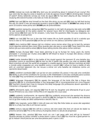 {478} instead /ao invés de/ [1] Why dont you do something about it instead of just crying? (Por
que você não faz alguma coisa a respeito ao invés de apenas chorar?) [2] Im drinking beer instead
of waterT (Estou bebendo cerveja ao invés de água) [3] He has been playing all day instead of
studying (Ele está brincando o dia todo ao invés de estudar)
{479} foot /pé/ [1] He shot himself on the foot (Ele atirou no seu pé) [2] I lost my left foot during
the war (Eu perdi o meu pé esquerdo durante a guerra) [3] The ocean is 20.000 feet deep at this
point (O oceano neste ponto tem 20.000 pés de profundidade)
{480} question /pergunta, perguntar/ [1] The question is not right (A pergunta não está certa) [2]
He was questioned at the police station for several hours (Ele foi interrogado na delegacia por
várias horas) [3] Dont ask me for answers, I only have the questions (Não me peça respostas, eu
tenho apenas as perguntas)
{481} sun /sol/ [1] The sun is the star that makes life on Earth possible (O sol é a estrela que
torna a vida na Terra possível) [2] Let the sun shine on me (Deixa o sol brilhar sobre mim)
{482} story /estória/ [1] I always tell my children some stories when they go to bed (Eu sempre
conto algumas estórias para meus filhos quando eles vão para a cama) [2] I have heard this story
before (Já ouvi esta estória antes) [3] He loves telling stories (Ele adora contar estórias)
{483} Europe /Europa/ [1] I have been planning to go to Europe for many years (Eu tenho
planejado ir a Europa por muitos anos) [2] He left Brazil to leave in Europe (Ele deixou o Brasil
para viver na Europa)
{484} battle /batalha/ [1] It is the battle of the stupid against the ignorant (É uma batalha dos
estúpidos contra os ignorantes) [2] He lost his life in battle (Ele perdeu sua vida na batalha) [3]
Many scientists all over the world are engaged in a battle against cancer (Muitos cientistas de todo
o mundo estão engajados em uma batalha contra o cancer) [4] I refuse to have a battle of wits
with an unarmed opponent (Eu me recuso a entrar em uma batalha de intelectos contra um
oponente desarmado)
{485} condition /condição/ [1] I can go but on one condition (Eu posso ir mas sob uma condição)
[2] Ability is one of the conditions for success in life (Habilidade é uma das condições para sucesso
na vida) [3] They surrendered unconditionally (Eles se renderam incondicionalmente)
{486} language /linguagem/ [1] He speaks the language of the birds (Ele fala a língua dos
pássaros) [2] He is incomprehensible in five languages (Ele é imcompreensível em cinco línguas)
[3] Teachers should learn how to interpret the body language (Os professores devem aprender a
interpretar a linguagem do corpo)
{487} afterwards /após, em seguida/ [1] First Ill visit my daughter and afterwards Ill go to your
house (Primeiro eu vou vistar minha filha e em seguida irei a sua casa)
{488} suddenly /subitamente, de repente/ [1] She suddenly announced she wanted the divorce
(Ela subitamente anunciou que queria o divórcio) [2] He changed his mind suddenly and decided
not to go (Ele mudou de idéia subitamente e decidiu não ir)
{489} holy /sagrado, santo/ [1] In India all cows are holy (Na Índia todas as vacas são sagradas)
[2] He is a holy man (Ele é um homem santo)
{490} century /século/ [1] She will be a century old next week (Ela fará um século de idade na
próxima semana) [2] This is the century of progress (Este é o século do progresso)
{491} heaven /céu, paraíso/ [1] How much sin can I get away with and still go to heaven?
(Quanto pecado eu posso cometer e ainda assim ir para o céu?) [2] You must be a good person to
go to heaven (Você precisa ser uma boa pessoa para ir para o céu)
 