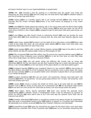 principal a lembrar aqui é a sua responsabilidade no assassinato)
{578} fine [1]I received a fine for parking in a restricted area (Eu recebi uma multa por
estacionar em área restrita) [2]I feel fine today (Eu me sinto ótimo hoje) [3]The weather today is
just fine (O tempo hoje está ótimo)
{579} enemy [1]He is a terrible enemy (Ele é um inimigo terrível) [2]She has made lots of
enemies (Ela fez muitos inimigos) [3]Laziness is his chief enemy (A preguiça é o seu maior
inimigo)
{580} wind [1]Clark Gable played the leading role in the movie Gone with the Wind (Clark Gable
desempenhou o papel principal no filme E o Vento Levou) [2]The wind has taken my hat off (O
vento levou embora o meu chapéu) [3]He stopped to get his wind back (Ele parou para tomar um
folego)
{581} miss [1]Are you Miss Smith? (Você é a Senhorita Smith?) [2]I miss her terribly (Eu sinto
muita falta dela) [3]I think something is missing here (Eu acho que está faltando alguma coisa
aqui)
{582} table /mesa, tabela/ [1]The book is on the table (O livro está sobre a mesa) [2]Please, take
a look at this table (Por favor, dê uma olhada nesta tabela) [3]This table must have been very
expensive (Esta mesa deve ter sido muito cara)
{583} greek /grego/ [1]My wife is greek (Minha esposa é grega) [2]I hope to be able to visit the
greek islands one day (Eu espero poder visitar as ilhas gregas um dia)
{584} fifty /cinquenta/ [1]I need fifty dollars now (Eu preciso de cinquenta dólares agora) [2]Ill be
fifty tomorrow (Farei cinquenta anos amanhã) [3]Paris is not far from here, at most fifty miles
(Paris não é longe daqui, no máximo cinquenta milhas)
{585} real /real/ [1]In the real world, things are different (No mundo real, as coisas são
diferentes) [2]Tell me the real reason you left your husband (Diga-me a razão real pela qual você
deixou o seu marido) [3]Who is the real owner of this place (Quem é o real dono deste lugar?)
{586} husband /marido/ [1]Whos your husband? (Quem é o seu marido?) [2]She was known as
the Black Widow. She killed six of her husbands (Ela era conhecida como a viúva negra. Ela matou
seis de seus maridos) [3]He is an excelent father and a fantastic husband (Ele é um pai excelente
e um marido fantástico)
{587} exclaim /exclamar/ [1] Why are you here?, she exclaimed ( Porque você está aqui?, ela
exclamou)[2] What!, he exclaimed, are you going away without me? ( O que!, ele exclamou, você
está indo embora sem eu?)
{588} across [1]My house is across the street (A minha casa é do outro lado da rua) [2]The
Amazon river is 80 km across at this point (O rio Amazonas tem 80 km de largula neste ponto)
[3]She sat with her arms across her chest (Ela se sentou com seus braços sobre seu peito)
{589} learn (learn, learnt, learnt) /aprender/ [1]I learn very quickly (Eu aprendo muito
rapidamente) [2]All I needed I learnt in kindergarten (Tudo o que eu precisava eu aprendi no
jardim da infância) [2]I have learnt how to do it the hard way (Eu aprendi como fazer isto da
maneira mais difícil)
{590} freedom /liberdade/ [1]Freedom is something mankind has always fought for (Liberdade é
algo pelo qual a humanidade sempre lutou) [2]Freedom of speech is a universal right (Liberdade
de expressão é um direito universal) [3]Value your freedom (Valorize a sua liberdade)
{591} everything /tudo/ [1]Ill give you everything you want (Eu lhe darei tudo o que você quer)
[2]Everything is possible here (Tudo é possível aqui) [3]Please, try to remember everything (Por
 