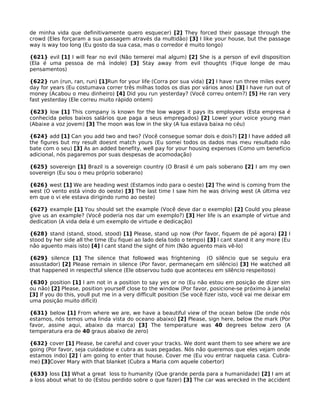 de minha vida que definitivamente quero esquecer) [2] They forced their passage through the
crowd (Eles forçaram a sua passagem através da multidão) [3] I like your house, but the passage
way is way too long (Eu gosto da sua casa, mas o corredor é muito longo)
{621} evil [1] I will fear no evil (Não temerei mal algum) [2] She is a person of evil disposition
(Ela é uma pessoa de má índole) [3] Stay away from evil thoughts (Fique longe de mau
pensamentos)
{622} run (run, ran, run) [1]Run for your life (Corra por sua vida) [2] I have run three miles every
day for years (Eu costumava correr três milhas todos os dias por vários anos) [3] I have run out of
money (Acabou o meu dinheiro) [4] Did you run yesterday? (Você correu ontem?) [5] He ran very
fast yesterday (Ele correu muito rápido ontem)
{623} low [1] This company is known for the low wages it pays its employees (Esta empresa é
conhecida pelos baixos salários que paga a seus empregados) [2] Lower your voice young man
(Abaixe a voz jovem) [3] The moon was low in the sky (A lua estava baixa no céu)
{624} add [1] Can you add two and two? (Você consegue somar dois e dois?) [2] I have added all
the figures but my result doesnt match yours (Eu somei todos os dados mas meu resultado não
bate com o seu) [3] As an added benefity, well pay for your housing expenses (Como um benefício
adicional, nós pagaremos por suas despesas de acomodação)
{625} sovereign [1] Brazil is a sovereign country (O Brasil é um país soberano [2] I am my own
sovereign (Eu sou o meu próprio soberano)
{626} west [1] We are heading west (Estamos indo para o oeste) [2] The wind is coming from the
west (O vento está vindo do oeste) [3] The last time I saw him he was driving west (A última vez
em que o vi ele estava dirigindo rumo ao oeste)
{627} example [1] You should set the example (Você deve dar o exemplo) [2] Could you please
give us an example? (Você poderia nos dar um exemplo?) [3] Her life is an example of virtue and
dedication (A vida dela é um exemplo de virtude e dedicação)
{628} stand (stand, stood, stood) [1] Please, stand up now (Por favor, fiquem de pé agora) [2] I
stood by her side all the time (Eu fiquei ao lado dela todo o tempo) [3] I cant stand it any more (Eu
não aguento mais isto) [4] I cant stand the sight of him (Não aguento mais vê-lo)
{629} silence [1] The silence that followed was frightening (O silêncio que se seguiu era
assustador) [2] Please remain in silence (Por favor, permaneçam em silêncio) [3] He watched all
that happened in respectful silence (Ele observou tudo que aconteceu em silêncio respeitoso)
{630} position [1] I am not in a position to say yes or no (Eu não estou em posição de dizer sim
ou não) [2] Please, position yourself close to the window (Por favor, posicione-se próximo à janela)
[3] If you do this, youll put me in a very difficult position (Se você fizer isto, você vai me deixar em
uma posição muito difícil)
{631} below [1] From where we are, we have a beautiful view of the ocean below (De onde nós
estamos, nós temos uma linda vista do oceano abaixo) [2] Please, sign here, below the mark (Por
favor, assine aqui, abaixo da marca) [3] The temperature was 40 degrees below zero (A
temperatura era de 40 graus abaixo de zero)
{632} cover [1] Please, be careful and cover your tracks. We dont want them to see where we are
going (Por favor, seja cuidadose e cubra as suas pegadas. Nós não queremos que eles vejam onde
estamos indo) [2] I am going to enter that house. Cover me (Eu vou entrar naquela casa. Cubra-
me) [3]Cover Mary with that blanket (Cubra a Maria com aquele cobertor)
{633} loss [1] What a great loss to humanity (Que grande perda para a humanidade) [2] I am at
a loss about what to do (Estou perdido sobre o que fazer) [3] The car was wrecked in the accident
 