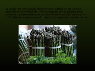 O Estudo :“Os elementos de matéria médica", editado em 1854 por um professor da Universidade da Pensilvania declara que os aspargos eram utilizados como remédio popular para os cálculos renais. Este professor em 1739 referiu-se a experimentos do poder dos aspargos para dissolver cálculos. 