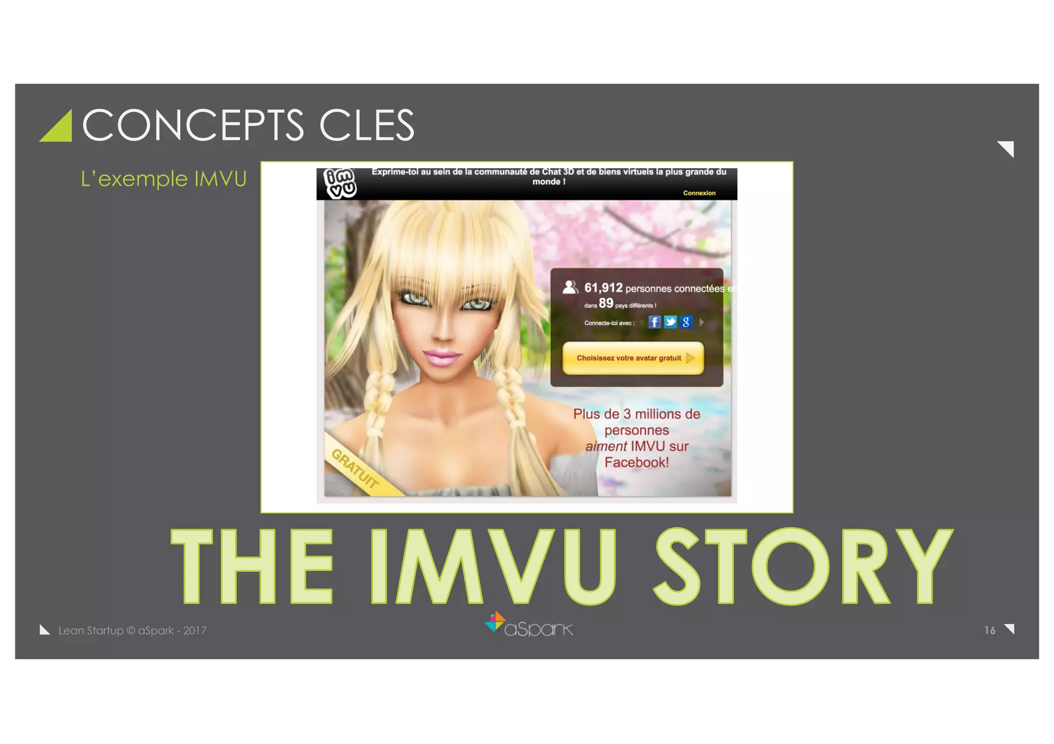 16Lean Startup © aSpark - 2017
CONCEPTS CLES
L’exemple IMVU
 