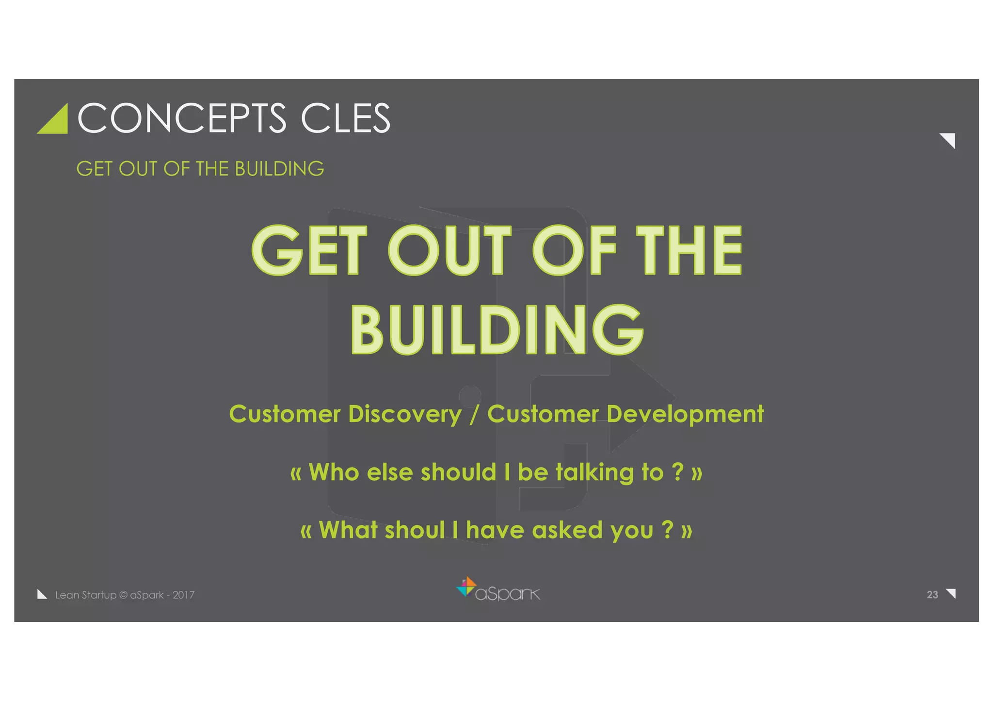 23Lean Startup © aSpark - 2017
CONCEPTS CLES
GET OUT OF THE BUILDING
Customer Discovery / Customer Development
« Who else should I be talking to ? »
« What shoul I have asked you ? »
 