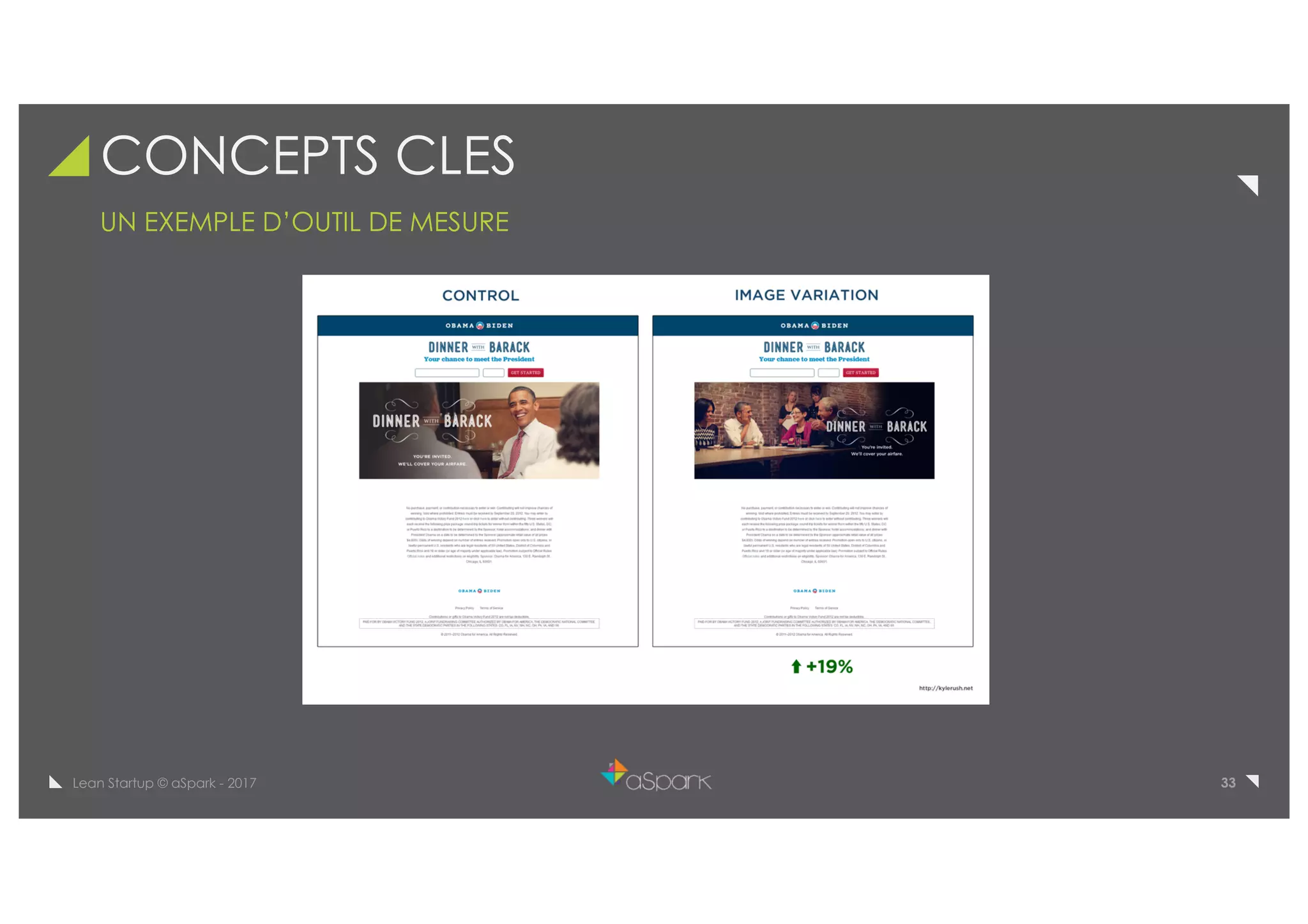 33Lean Startup © aSpark - 2017
CONCEPTS CLES
UN EXEMPLE D’OUTIL DE MESURE
 