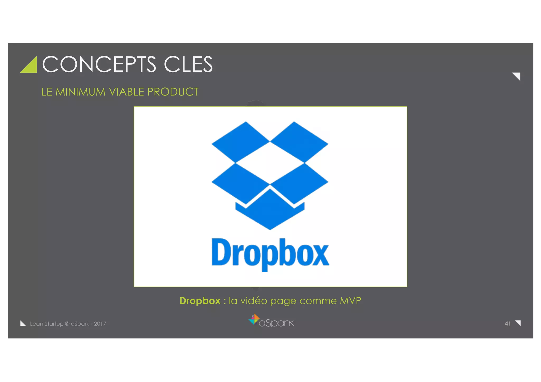 41Lean Startup © aSpark - 2017
CONCEPTS CLES
LE MINIMUM VIABLE PRODUCT
Dropbox : la vidéo page comme MVP
 