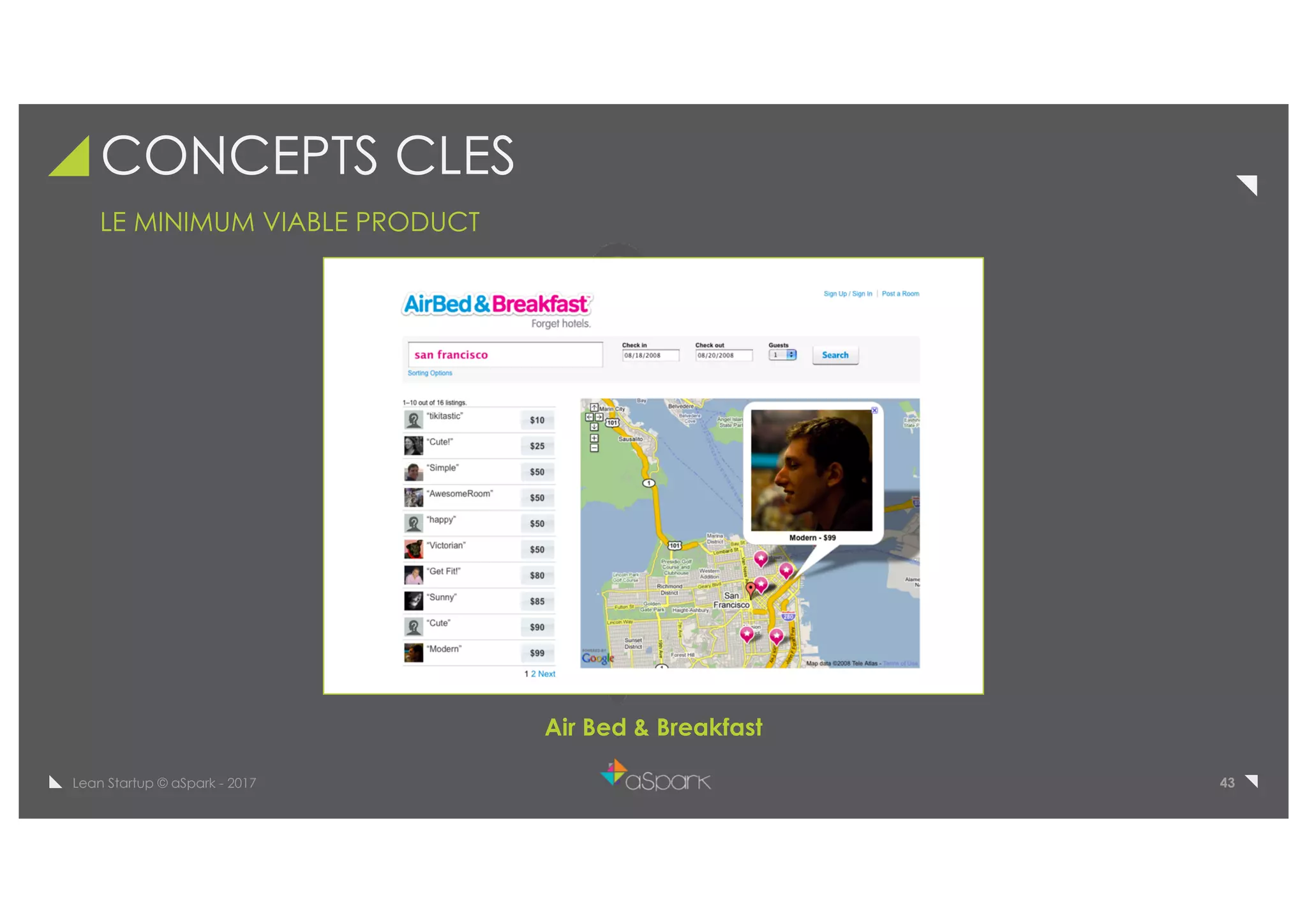 43Lean Startup © aSpark - 2017
CONCEPTS CLES
LE MINIMUM VIABLE PRODUCT
Air Bed & Breakfast
 