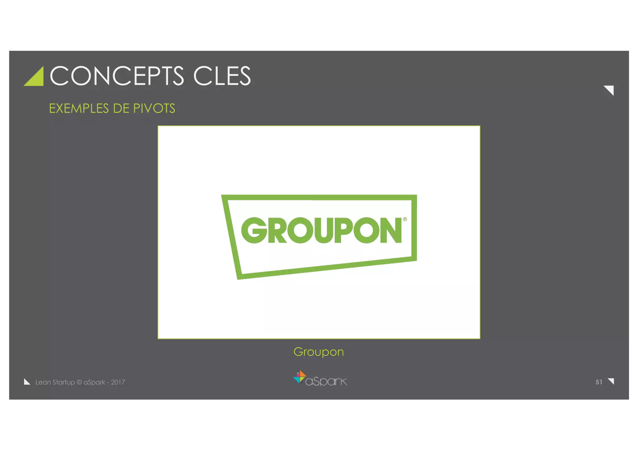 51Lean Startup © aSpark - 2017
CONCEPTS CLES
EXEMPLES DE PIVOTS
Groupon
 
