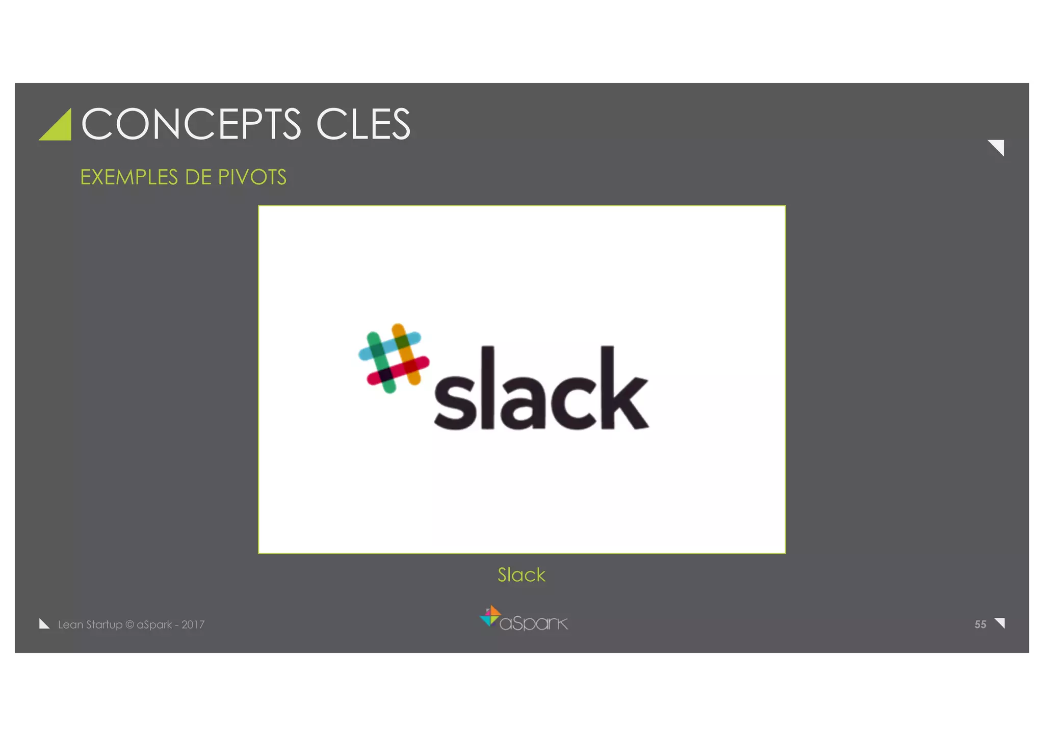 55Lean Startup © aSpark - 2017
CONCEPTS CLES
EXEMPLES DE PIVOTS
Slack
 