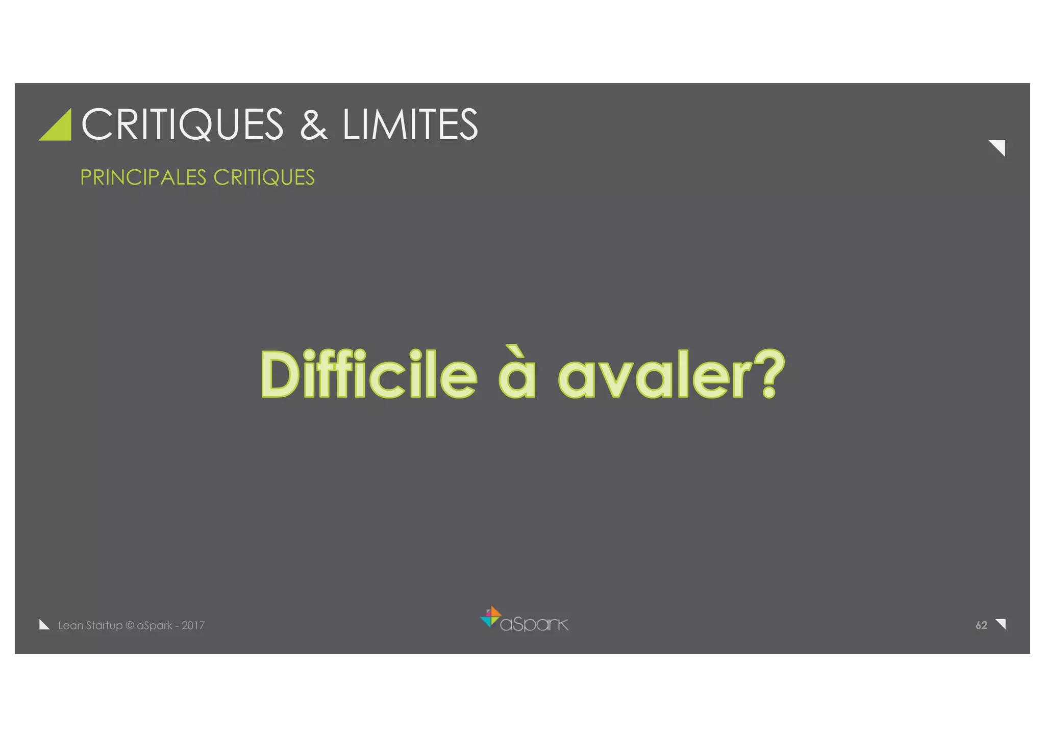 62Lean Startup © aSpark - 2017
CRITIQUES & LIMITES
PRINCIPALES CRITIQUES
 
