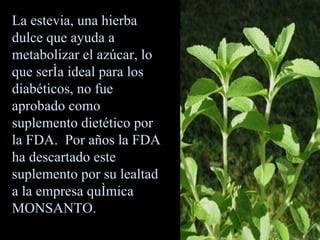 La estevia, una hierba dulce que ayuda a metabolizar el azúcar, lo que sería ideal para los diabéticos, no fue aprobado como suplemento dietético por la FDA.  Por años la FDA ha descartado este suplemento por su lealtad a la empresa química MONSANTO. 
