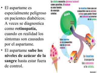 • El aspartame es
especialmente peligroso
en pacientes diabéticos.
A veces se diagnostica
como retinopatía,
cuando en realidad los
síntomas son causados
por el aspartame.
• El aspartame sube los
niveles de azúcar de la
sangre hasta estar fuera
de control.
 