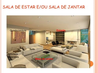 SALA DE ESTAR E/OU SALA DE JANTAR




   Quadro/pintura                           Estante



                                                      lareira


                    Sofá

 Almofada
 decorativa
                           Mesa de centro
 