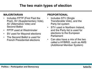The two main types of election MAJORITARIAN Includes FPTP (First Past the Post), SV (Supplementary Vote), AV (Alternative Vote) and Second Ballot FPTP used at Westminster SV used for Mayoral elections The Second Ballot is used for French Presidential elections PROPORTIONAL Includes STV (Single Transferable Vote), and the Party list system STV used in Northern Ireland, and the Party list is used for elections to the European Parliament Can also have a mix of the two called a HYBRID, such as AMS (Additional Member System) 