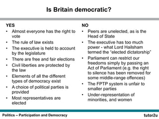Is Britain democratic? YES Almost everyone has the right to vote The rule of law exists  The executive is held to account by the legislature There are free and fair elections Civil liberties are protected by the law Elements of all the different types of democracy exist A choice of political parties is provided Most representatives are elected NO Peers are unelected, as is the Head of State The executive has too much power - what Lord Hailsham termed the “elected dictatorship” Parliament can restrict our freedoms simply by passing an Act of Parliament (e.g. the right to silence has been removed for some middle-range offences) The FPTP system is unfair to smaller parties Under-representation of minorities, and women 