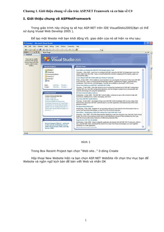 Chương 1. Giới thiệu chung về cấu trúc ASP.NET Framwork và cơ bản về C#

I. Giới thiệu chung về ASPNetFramwork


     Trong giáo trình này chúng ta sẽ học ASP.NET trên IDE VisualStdio2005(Bạn có thể
sử dụng Viusal Web Develop 2005 ).

     Để tạo một Wesite mới bạn khởi động VS. giao diện của nó sẽ hiện ra như sau:




                                       Hình 1


     Trong Box Recent Project bạn chọn “Web site…” ở dòng Create

     Hộp thoại New Website hiện ra bạn chọn ASP.NET WebSite rồi chọn thư mục bạn để
Website và ngôn ngữ kịch bản để bản viết Web và nhấn OK




                                          1
 