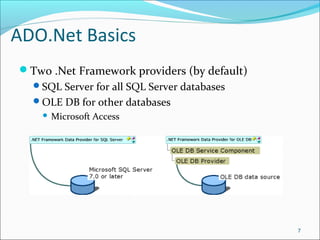 ADO.Net Basics
Two .Net Framework providers (by default)
SQL Server for all SQL Server databases
OLE DB for other databases
 Microsoft Access
7
 