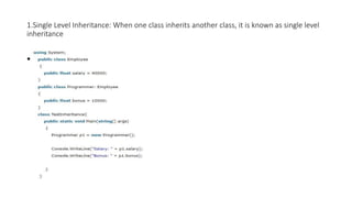 1.Single Level Inheritance: When one class inherits another class, it is known as single level
inheritance
• .
 