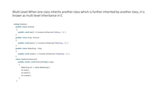 Multi Level:When one class inherits another class which is further inherited by another class, it is
known as multi level inheritance in C
 