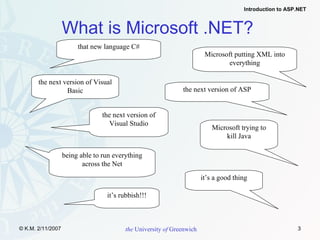 What is Microsoft .NET?   that new language C# Microsoft putting XML into everything the next version of Visual Basic the next version of ASP the next version of Visual Studio Microsoft trying to kill Java being able to run everything across the Net it’s a good thing it’s rubbish!!! 