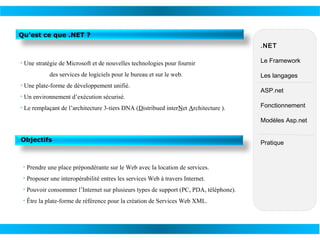 Qu’est ce que .NET ?
.NET
• Une stratégie de Microsoft et de nouvelles technologies pour fournir
des services de logiciels pour le bureau et sur le web.
​
• Une plate-forme de développement unifié.
• Un environnement d’exécution sécurisé.
• Le remplaçant de l’architecture 3-tiers DNA (Distribued interNet Architecture ).

Le Framework
Les langages
ASP.net
Fonctionnement
Modèles Asp.net

Objectifs

• Prendre une place prépondérante sur le Web avec la location de services.
• Proposer une interopérabilité entres les services Web à travers Internet.
• Pouvoir consommer l’Internet sur plusieurs types de support (PC, PDA, téléphone).
• Être la plate-forme de référence pour la création de Services Web XML.

Pratique

 