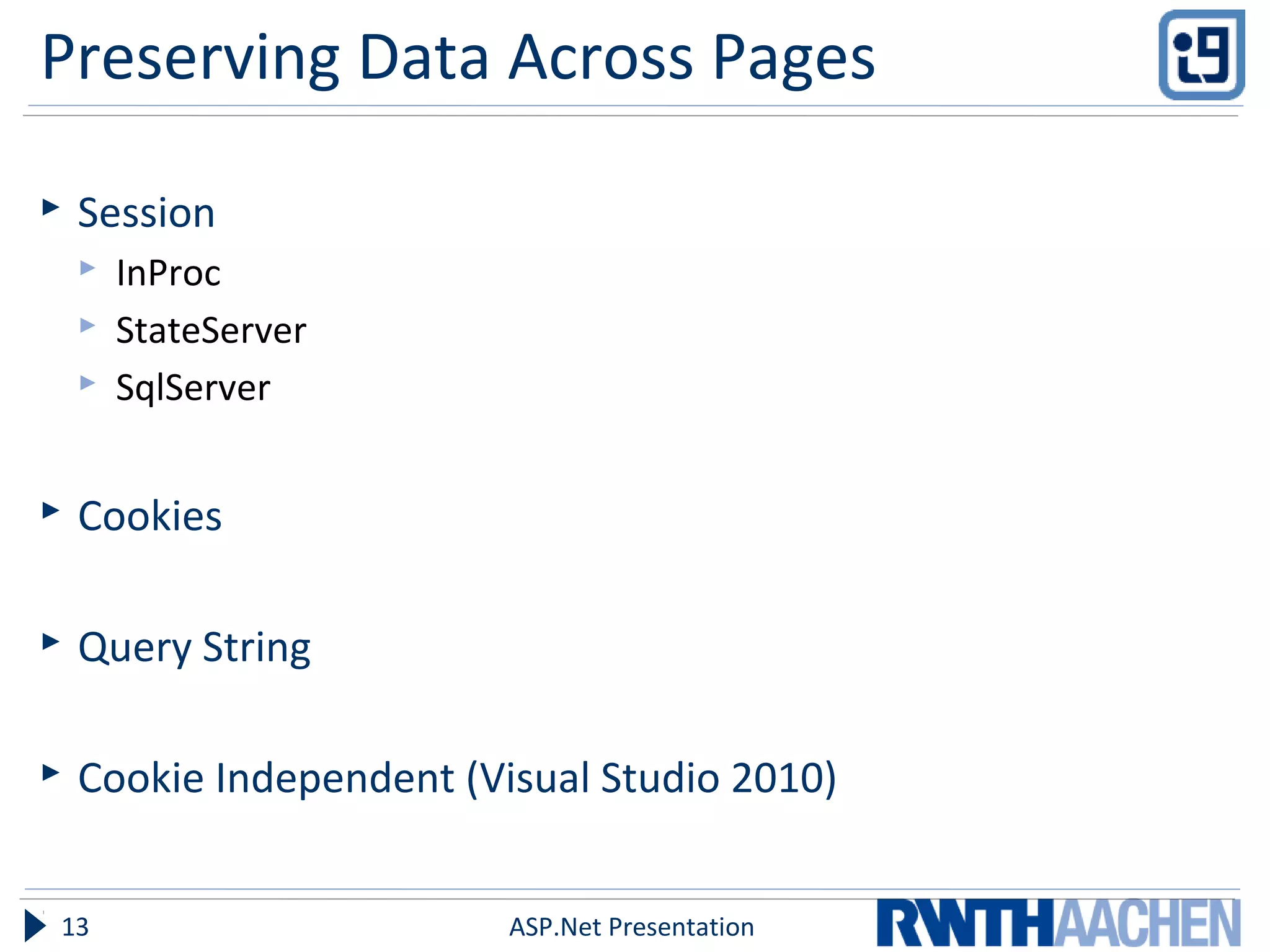 Preserving Data Across Pages
 Session
 InProc
 StateServer
 SqlServer
 Cookies
 Query String
 Cookie Independent (Visual Studio 2010)
ASP.Net Presentation13
 