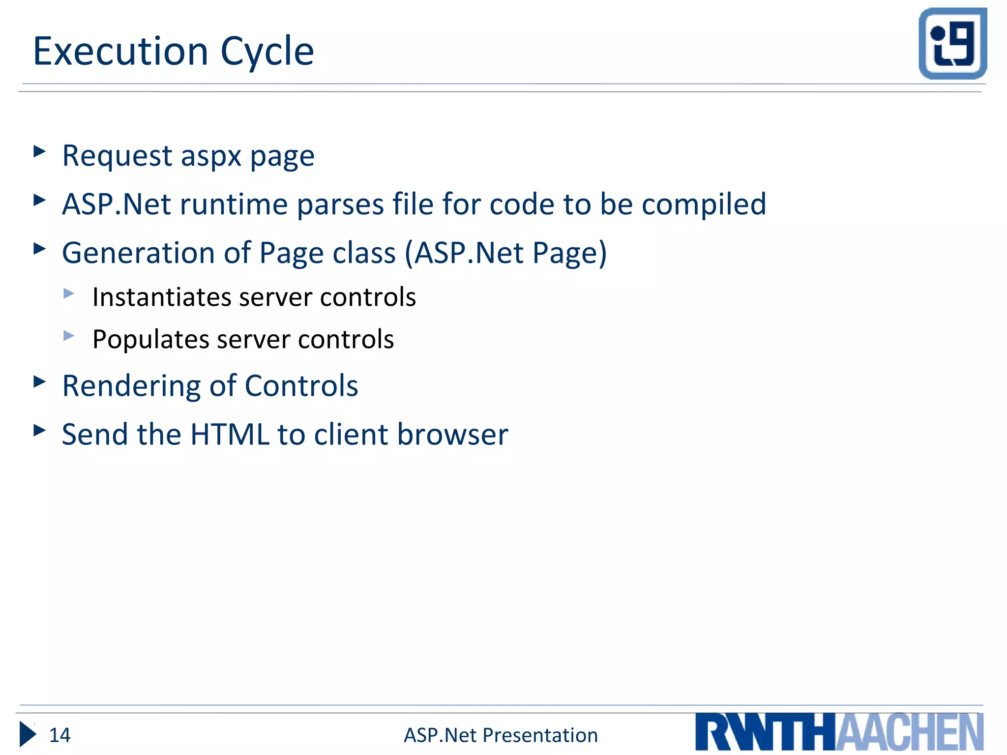 Execution Cycle
 Request aspx page
 ASP.Net runtime parses file for code to be compiled
 Generation of Page class (ASP.Net Page)
 Instantiates server controls
 Populates server controls
 Rendering of Controls
 Send the HTML to client browser
ASP.Net Presentation14
 