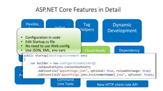 • Configuration in code
• Edit Startup.cs file
• No need to use Web.config
• Use JSON, XML, env vars
ASP.NET Core Features in Detail
 