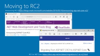 Moving to RC2
RC1 to .NET Core: https://docs.asp.net/en/latest/migration/rc1-to-rc2.html
Announcing RC2: https://blogs.msdn.microsoft.com/webdev/2016/05/16/announcing-asp-net-core-rc2/
 