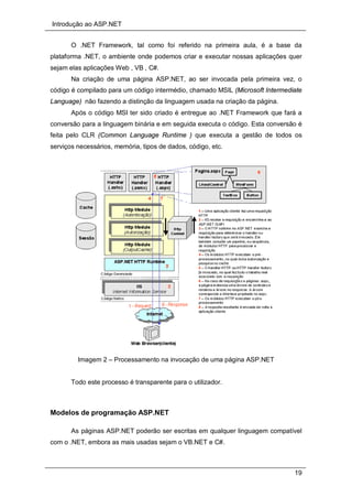 Introdução ao ASP.NET
19
O .NET Framework, tal como foi referido na primeira aula, é a base da
plataforma .NET, o ambiente onde podemos criar e executar nossas aplicações quer
sejam elas aplicações Web , VB , C#.
Na criação de uma página ASP.NET, ao ser invocada pela primeira vez, o
código é compilado para um código intermédio, chamado MSIL (Microsoft Intermediate
Language) não fazendo a distinção da linguagem usada na criação da página.
Após o código MSI ter sido criado é entregue ao .NET Framework que fará a
conversão para a linguagem binária e em seguida executa o código. Esta conversão é
feita pelo CLR (Common Language Runtime ) que executa a gestão de todos os
serviços necessários, memória, tipos de dados, código, etc.
Imagem 2 – Processamento na invocação de uma página ASP.NET
Todo este processo é transparente para o utilizador.
Modelos de programação ASP.NET
As páginas ASP.NET poderão ser escritas em qualquer linguagem compatível
com o .NET, embora as mais usadas sejam o VB.NET e C#.
 
