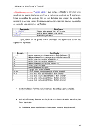 Utilização de “Web Forms” e “Controls”
38
validationexpression="d{4}-d{3}", que obriga o utilizador a introduzir uma
sequência de quatro algarismos, um traço e mais uma sequência de 3 algarismos.
Estas expressões de validação têm de ser definidas pelo criador da aplicação,
consoante o campo a validar. Em seguida, apresentaremos mais algumas expressões
de validação e os respectivos significados:
Expressão Significado
"^d {1,3}$" Obriga a introdução de 1 a 3 dígitos
".+@.+..+" Validação de endereço de e-mail
"d{1,6}" Apenas dígitos <= 6
Agora, vamos ver um quadro com os símbolos e seus significados usados nas
expressões regulares:
Símbolo Significado
[...] Aceita qualquer um dos caracteres delimitados por [ ]
[^...] Não aceita nenhum dos caracteres delimitados por [ ]
w Aceita qualquer caracter alfanumérico.
W Aceita qualquer caracter separador.
s Não aceita nenhum caracter separador.
d Aceita qualquer dígito.
D Não aceita nenhum dígito.
(...) Agrupa itens numa unidade
{n,m} Aceita entre n e m ocorrências do item anterior
{n, } Aceita n ou mais ocorrências do item anterior
? Aceita zero ou uma ocorrências do item anterior
+ Aceita uma ou mais ocorrências do item anterior
* Aceita zero ou mais ocorrências do item anterior
• CustomValidator: Permite criar um controlo de validação personalizado;
• ValidationSummary: Permite a exibição de um resumo de todas as validações
feitas na página.
No WebMatrix, estes controlos encontram-se na barra de “Web Controls”.
 