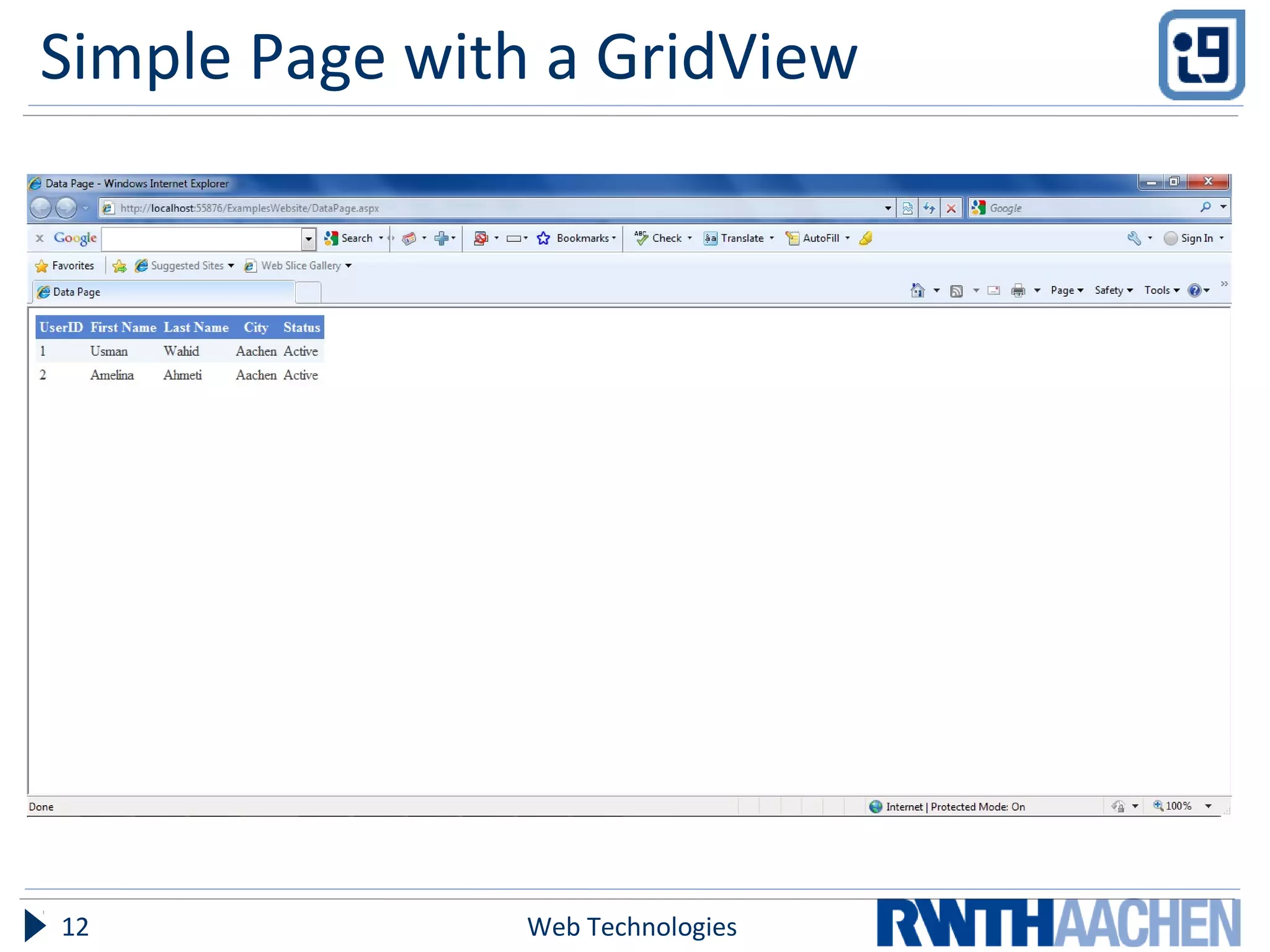 Simple Page with a GridView
Web Technologies12
 