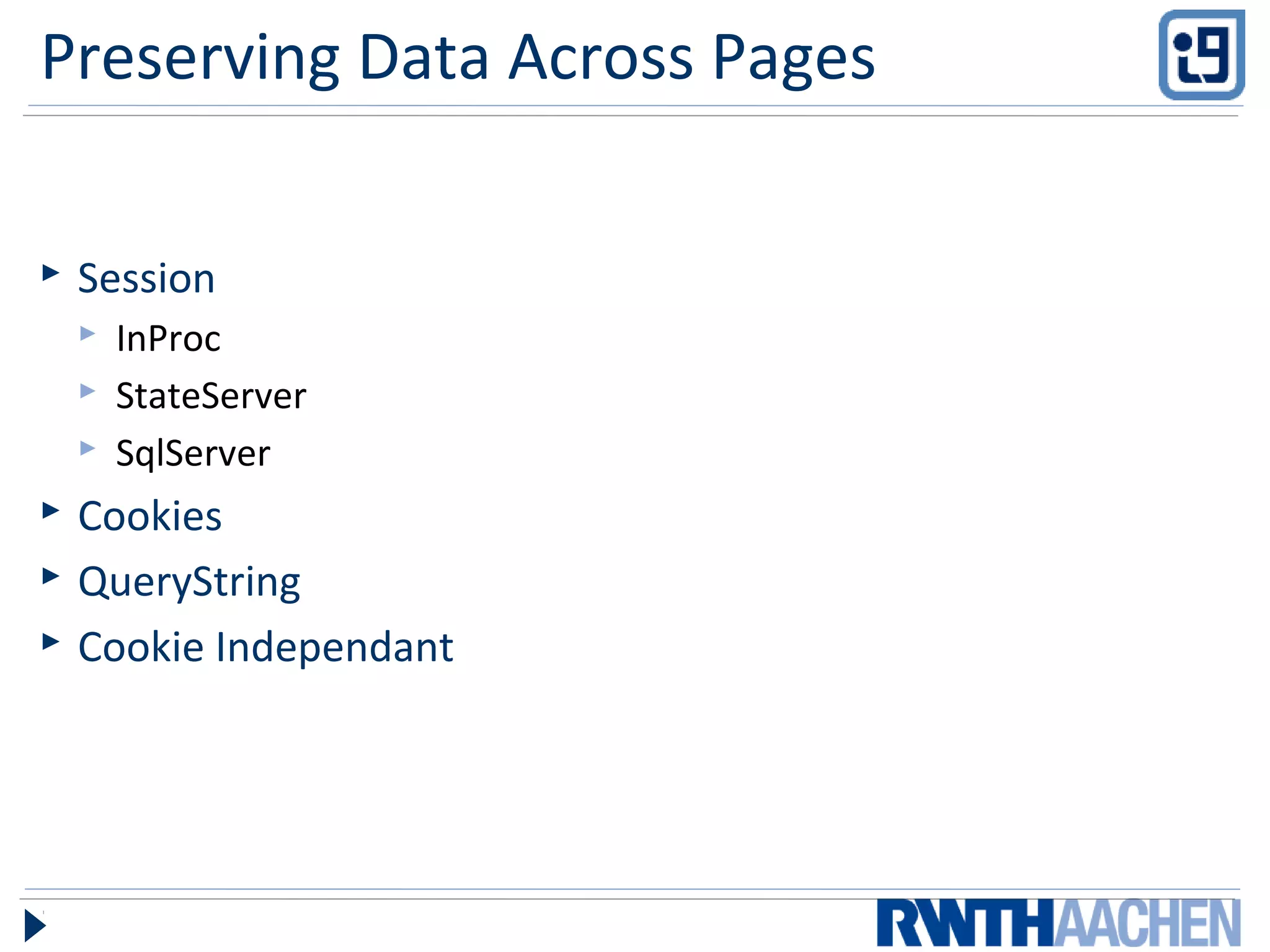Preserving Data Across Pages
 Session
 InProc
 StateServer
 SqlServer
 Cookies
 QueryString
 Cookie Independant
 