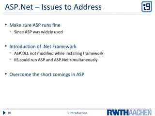 ASP.Net – Issues to Address
 Make sure ASP runs fine
 Since ASP was widely used
 Introduction of .Net Framework
 ASP.DLL not modified while installing framework
 IIS could run ASP and ASP.Net simultaneously
 Overcome the short comings in ASP
1 Introduction10
 