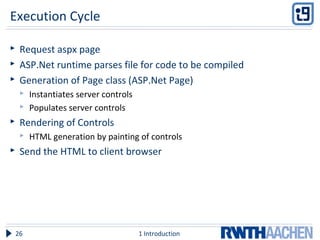 Execution Cycle
 Request aspx page
 ASP.Net runtime parses file for code to be compiled
 Generation of Page class (ASP.Net Page)
 Instantiates server controls
 Populates server controls
 Rendering of Controls
 HTML generation by painting of controls
 Send the HTML to client browser
1 Introduction26
 