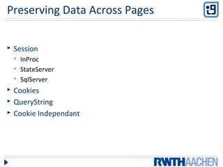 Preserving Data Across Pages
 Session
 InProc
 StateServer
 SqlServer
 Cookies
 QueryString
 Cookie Independant
 