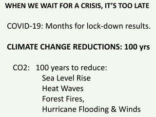 WHEN WE WAIT FOR A CRISIS, IT’S TOO LATE
COVID-19: Months for lock-down results.
CLIMATE CHANGE REDUCTIONS: 100 yrs
CO2: 100 years to reduce:
Sea Level Rise
Heat Waves
Forest Fires,
Hurricane Flooding & Winds
 