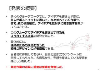 【発表の概要】
• 多くのグループワークでは、アイデアを書き出す際に、
各人がポストイットに書いて、次々並べていく作業や、
皆で1枚の模造紙に、アイデアを放射状に書き出す作業が
よくなされる。
• このグループでアイデアを書き出す⾏為を
より良くする道具の開発を試みた。
• 具体的には、
連結のための構造をもった
特殊なデザインのメモ用紙である。
• 百名弱に体験してもらい、自由記述形式のアンケートに
回答してもらった。各意⾒から、発想を促進している要素を
抽出し分類した。
• 発想作業の道具に重要な要素を考察した。
2(C) 2016 IDEAPLANT
 