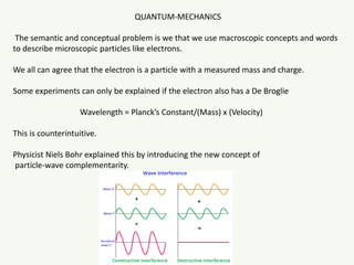 QUANTUM-MECHANICS
The semantic and conceptual problem is we that we use macroscopic concepts and words
to describe microscopic particles like electrons.
We all can agree that the electron is a particle with a measured mass and charge.
Some experiments can only be explained if the electron also has a De Broglie
Wavelength = Planck’s Constant/(Mass) x (Velocity)
This is counterintuitive.
Physicist Niels Bohr explained this by introducing the new concept of
particle-wave complementarity.
 