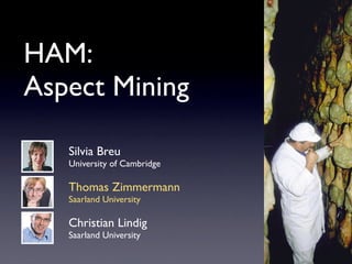 HAM:
Aspect Mining

   Silvia Breu
   University of Cambridge

   Thomas Zimmermann
   Saarland University

   Christian Lindig
   Saarland University