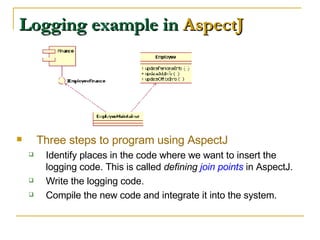 Logging example in  AspectJ Three steps to program using AspectJ Identify places in the code where we want to insert the logging code. This is called  defining  join points  in AspectJ.  Write the logging code.  Compile the new code and integrate it into the system.  