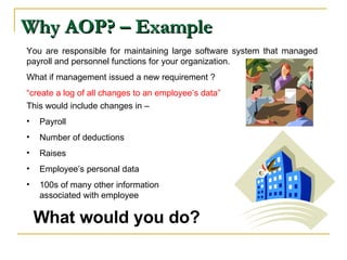 Why AOP? – Example You are responsible for maintaining large software system that managed payroll and personnel functions for your organization. What if management issued a new requirement ? “ create a log of all changes to an employee’s data” This would include changes in – Payroll  Number of deductions Raises Employee’s personal data 100s of many other information associated with employee What would you do? 