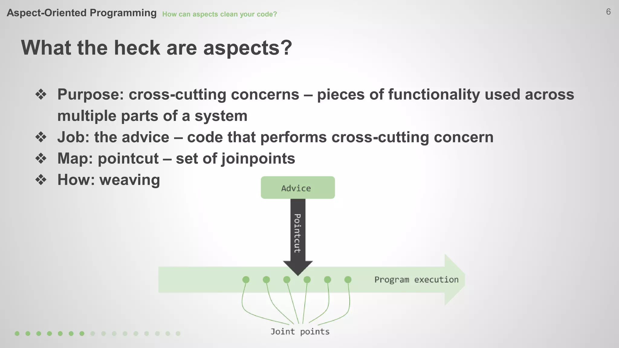 Aspect-Oriented Programming How can aspects clean your code? 
What the heck are aspects? 
6 
❖ Purpose: cross-cutting concerns – pieces of functionality used across 
multiple parts of a system 
❖ Job: the advice – code that performs cross-cutting concern 
❖ Map: pointcut – set of joinpoints 
❖ How: weaving 
 