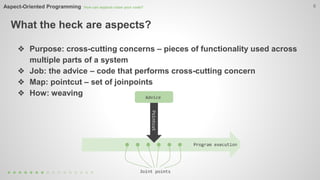 Aspect-Oriented Programming How can aspects clean your code? 
What the heck are aspects? 
6 
❖ Purpose: cross-cutting concerns – pieces of functionality used across 
multiple parts of a system 
❖ Job: the advice – code that performs cross-cutting concern 
❖ Map: pointcut – set of joinpoints 
❖ How: weaving 
 