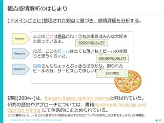 Copyright © 2017 TIS Inc. All rights reserved. 10
ここのピザは絶品だね！うちの家族はみんな大好き
と言っているよ。
ただ、ここのビールはとても薄いね！ビールの水割
りと思うくらいさ。
店員さんもちょっとぶっきらぼうかな。割られた
ビールの分、サービスしてほしいね！
(ドメインごとに)整理された観点に基づき、感情評価を分析する。
観点感情解析のはじまり
初期(2004~)は、feature-based opinion miningと呼ばれていた。
研究の歴史やアプローチについては、書籍Sentiment Analysis and
Opinion Mining にて体系的にまとめられている。
※この書籍はレビューなどから意見やその極性を抽出する方法について400件以上の文献をまとめている神書籍。
Positive
Negative
Negative
FOODのQUALITY
SERVICE
DRINKのQUALITY
 