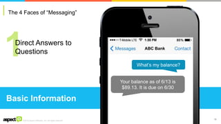 ©2016 Aspect Software, Inc. All rights reserved
The 4 Faces of “Messaging”
19
Direct Answers to
Questions
Basic Information
What’s my balance?
Your balance as of 6/13 is
$89.13. It is due on 6/30
ABC Bank
 